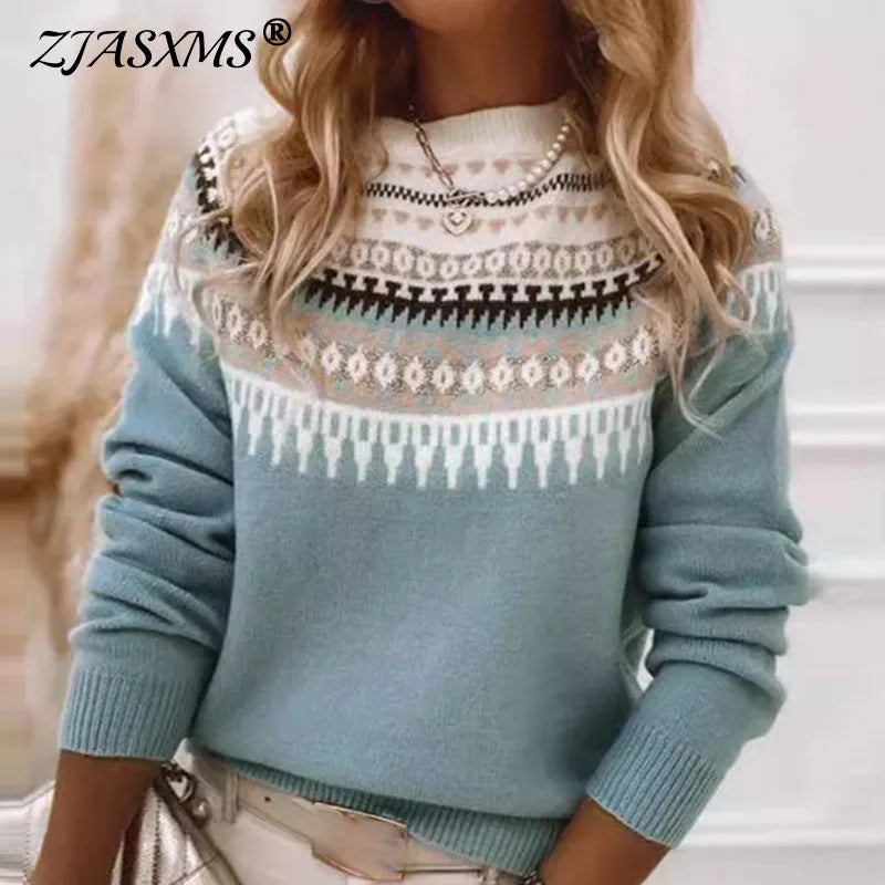 Ethnic Retro Geometric Print Patchwork Women's Sweater Autumn Round Neck Rib Knitwear Top New Winter Long Sleeve Pullover Jumper