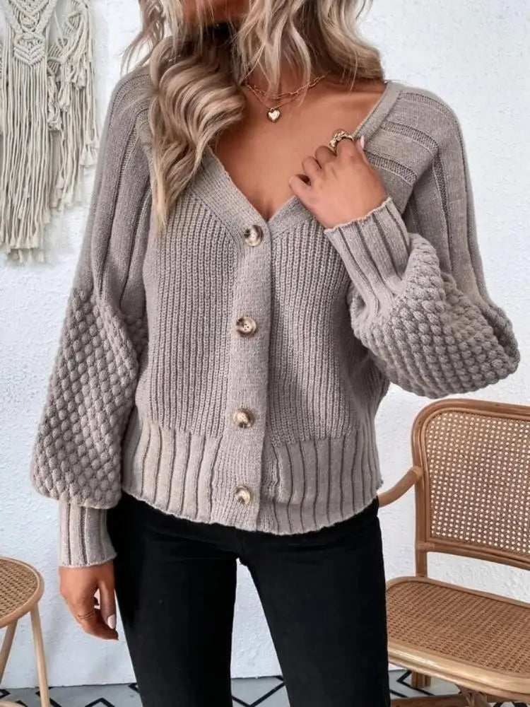 Women's autumn and winter V-neck solid color long sleeve cardigan texture knit cardigan button sweater coat