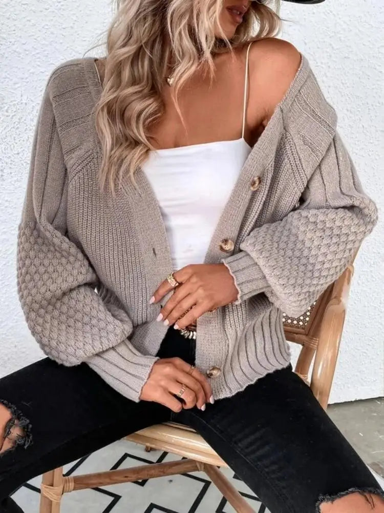 Women's autumn and winter V-neck solid color long sleeve cardigan texture knit cardigan button sweater coat