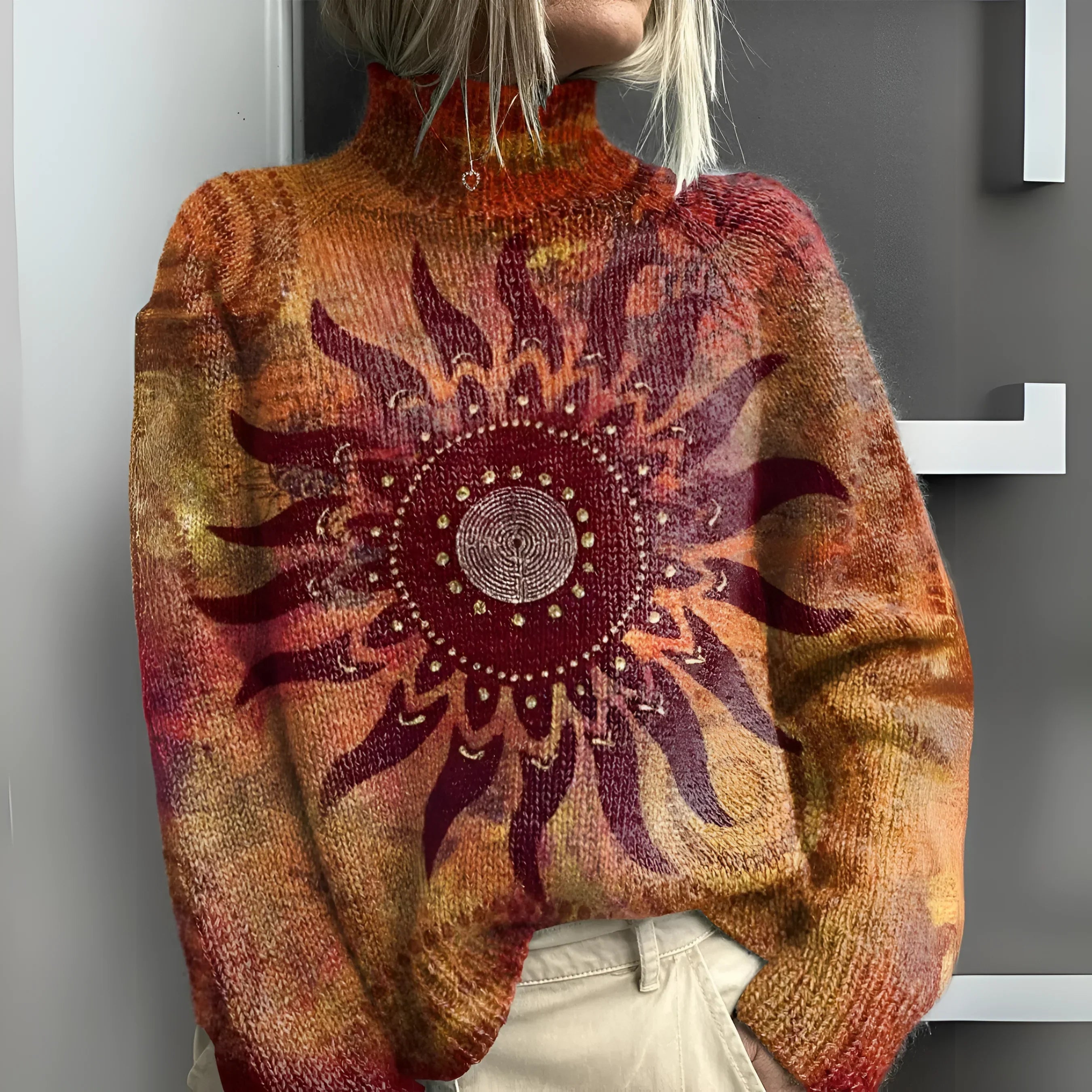 Eline - Pull à col roulé chaud en tricot avec motif tribal de soleil